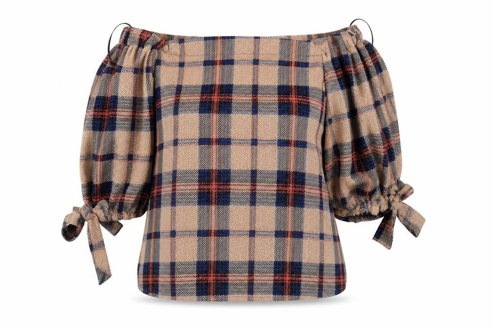 Front view of Sweewë women’s beige check basic blouse, size S