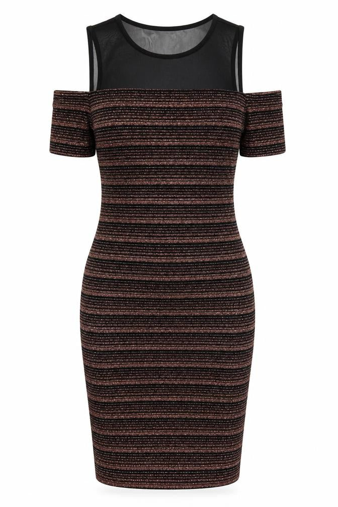 Front view of New Look women’s brown striped bodycon, size UK 8