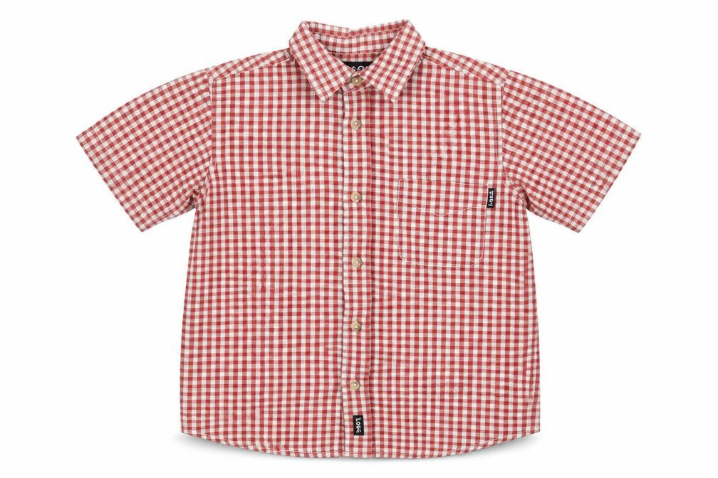 Front view of Logg boys’ red check basic button-up, size 4, years
