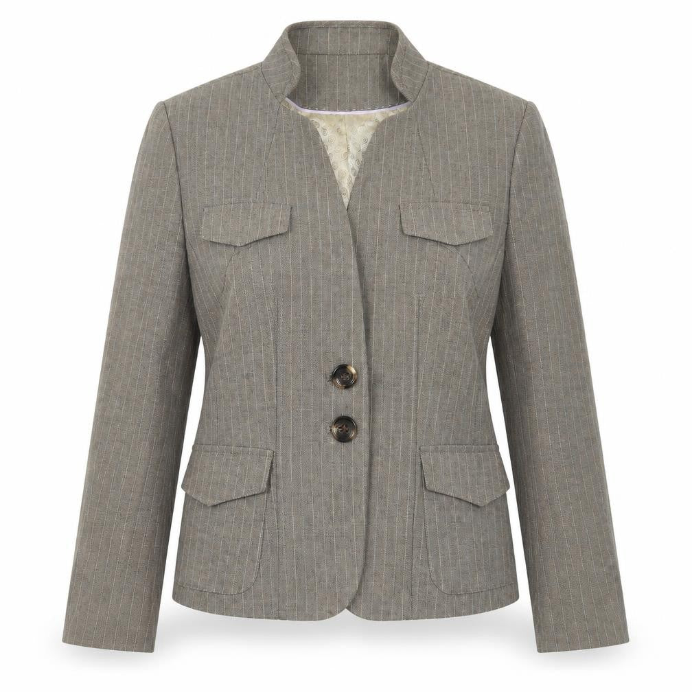 Front view of Next women’s brown striped jacket suit jacket, size UK 12