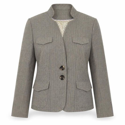 Front view of Next women’s brown striped jacket suit jacket, size UK 12