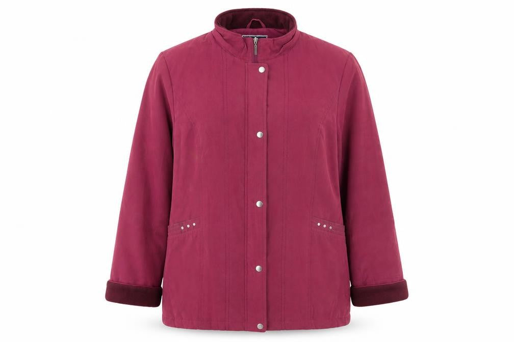 Front view of Isle women’s pink overcoat coat, size UK 18
