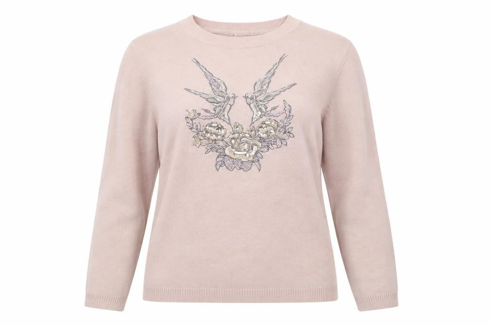 Front view of Marks & Spencer women’s pink knit jumper, size UK 14, - birds