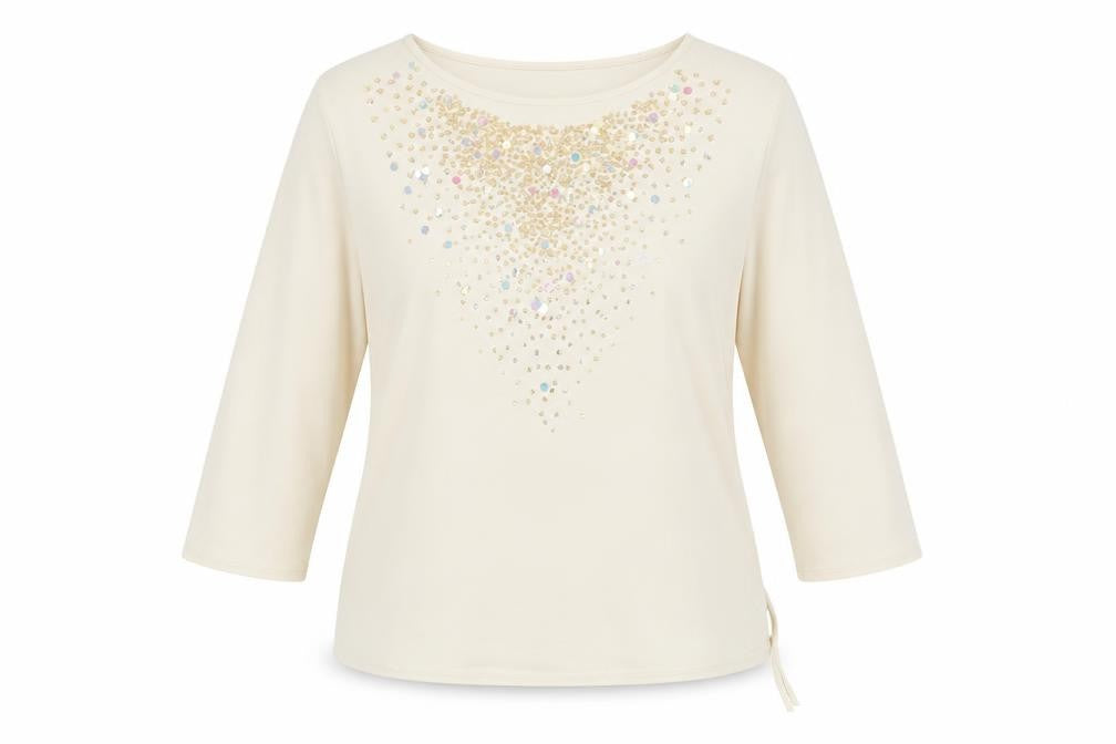 Front view of saloos collection women’s beige basic blouse, size 2XL