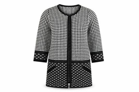 Front view of F&F women’s multicoloured geometric cardigan jumper, size UK 10