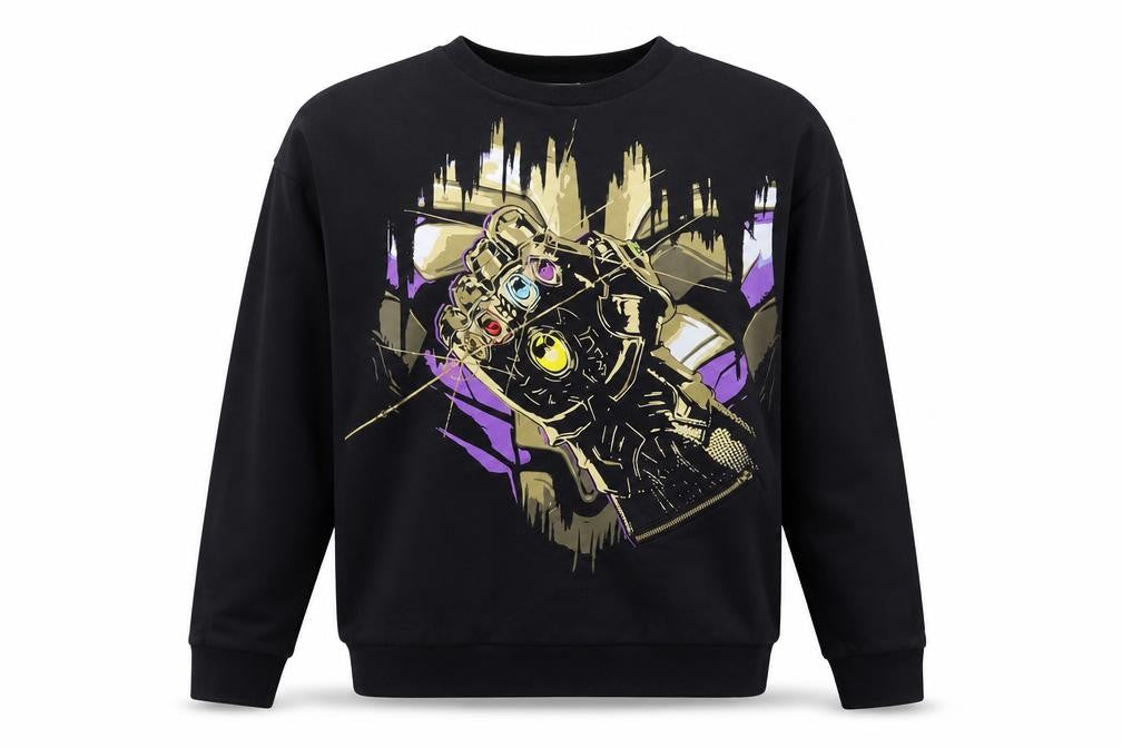 Front view of Disney women’s black pullover sweatshirt, size M, - marvel