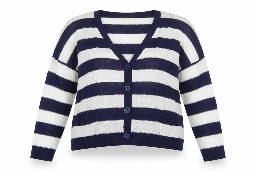 Front view of Amaya women’s blue striped cape jumper, size L