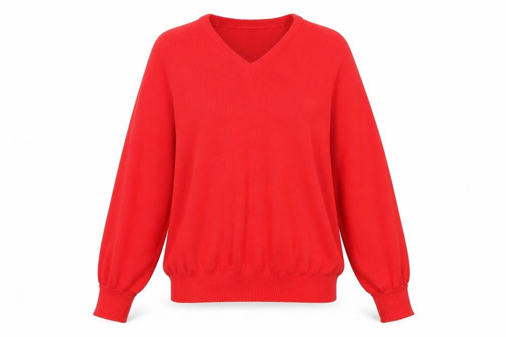 Front view of Preworn women’s red jumper, size UK 40