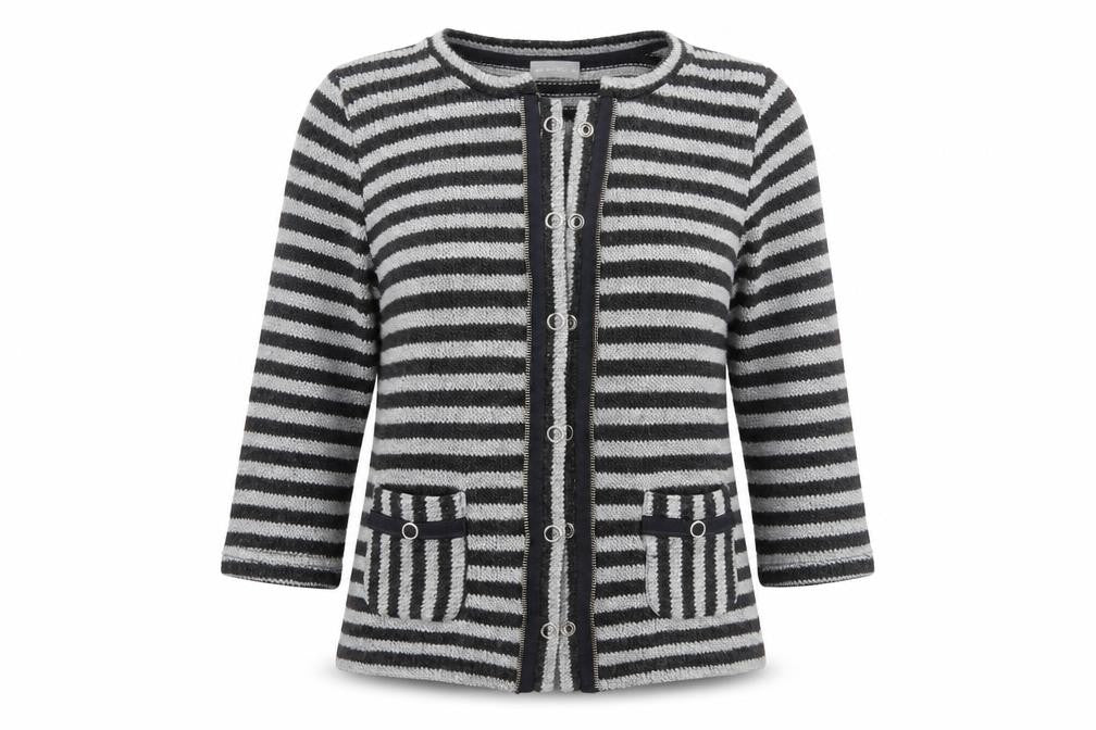 Front view of Per Una women’s grey striped cardigan jumper, size M