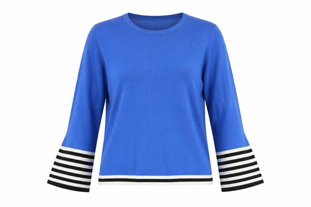 Front view of Red Herring women’s blue striped knit jumper, size UK 14, - flare sleeve