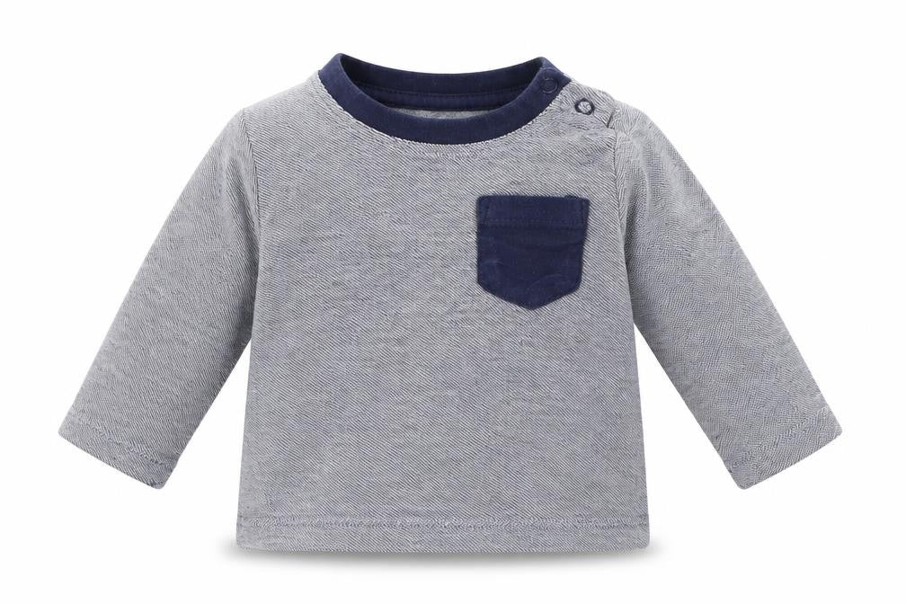 Front view of Early Days boys’ blue striped basic t-shirt, size 0-3, months