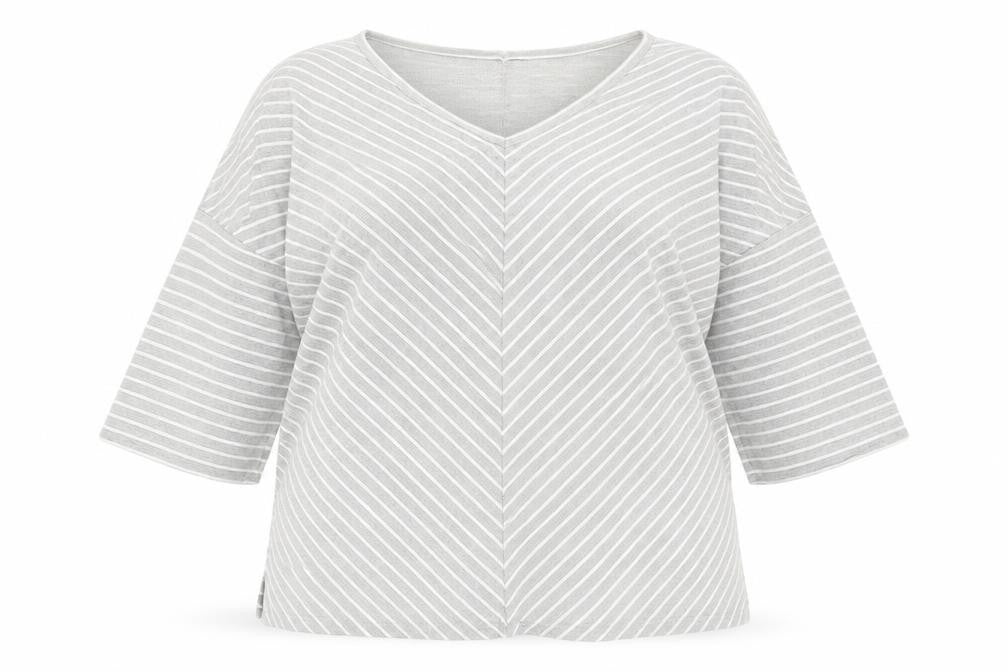 Front view of Nutmeg women’s grey striped pullover sweatshirt, size UK 18