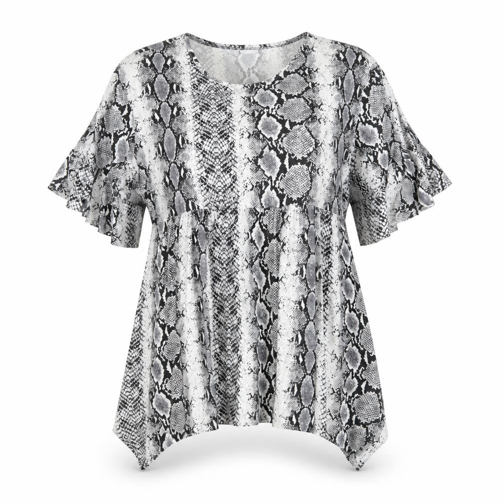 Front view of Boohoo women’s white animal print basic blouse, size UK 12