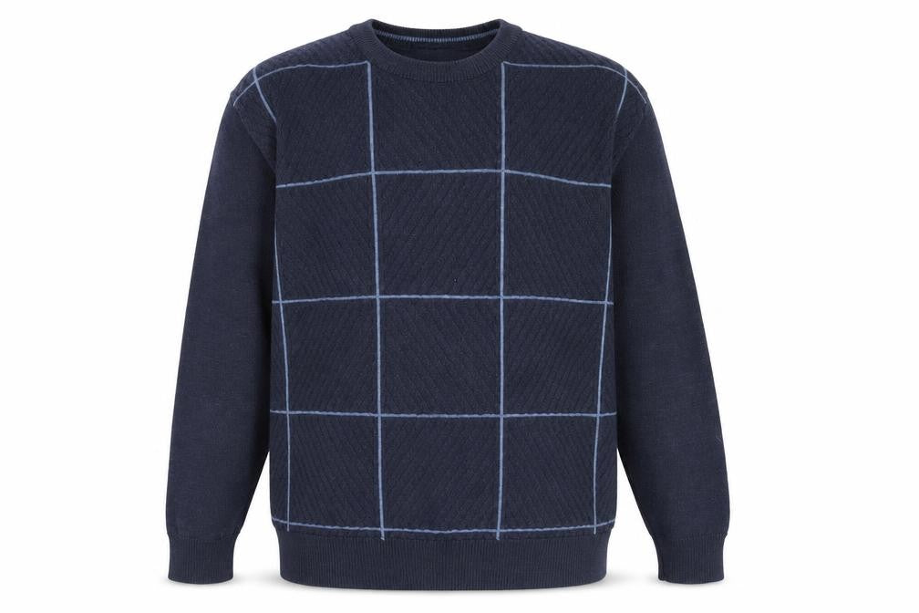 Front view of Walsey men’s blue jumper, size L