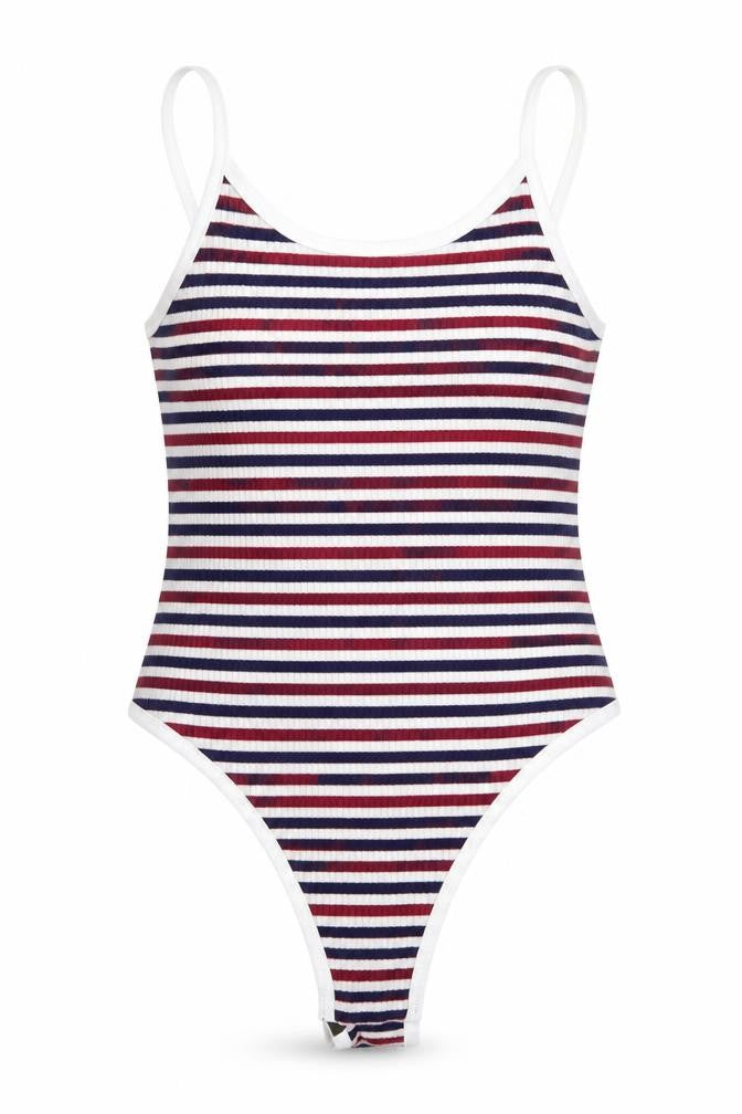 Front view of women’s multicoloured striped bodysuit one-piece, size S