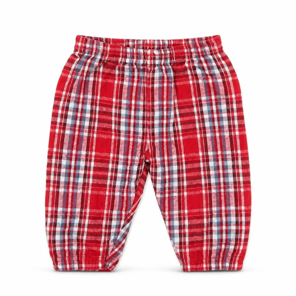 Front view of Nutmeg boys’ red chevron capri trousers, size 3-6, months