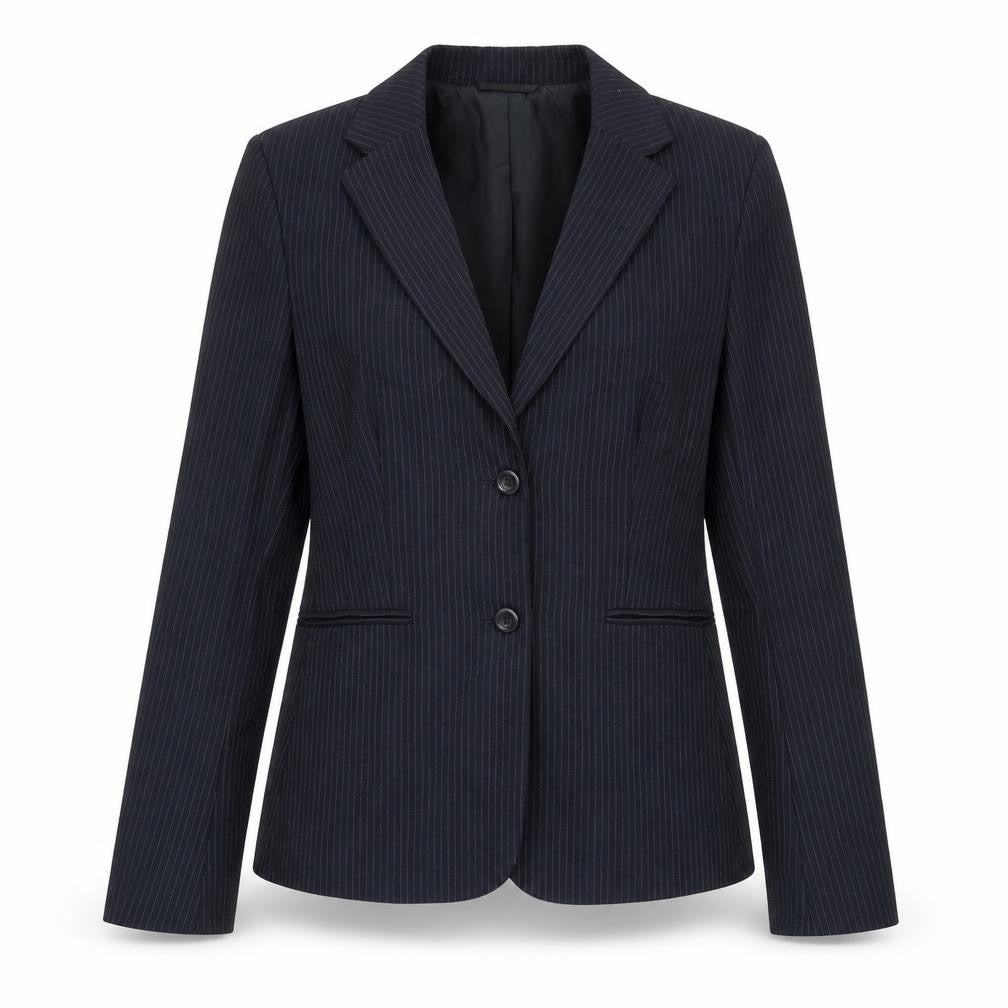 Front view of Mexx women’s black striped jacket blazer, size UK 12