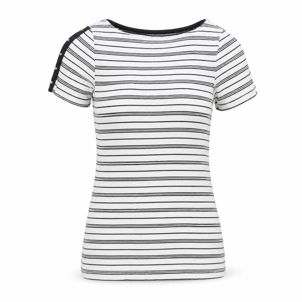 Front view of F&F women’s white striped basic t-shirt, size UK 6