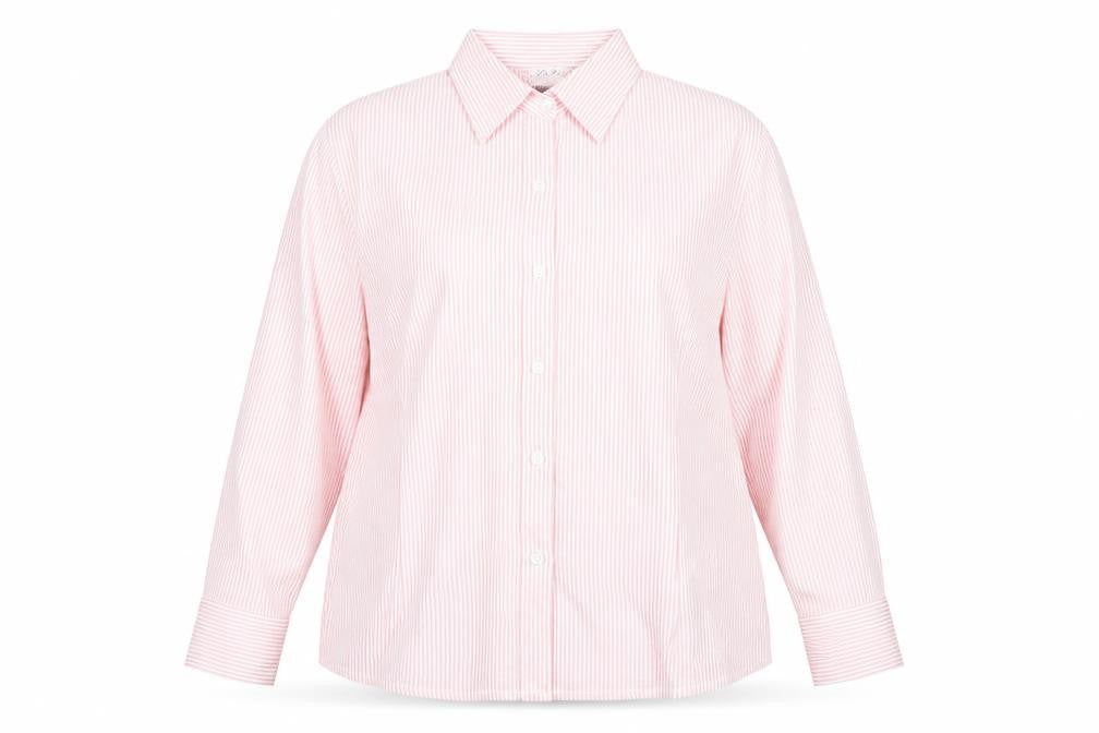 Front view of Boteli women’s pink striped basic button-up, size 2XL