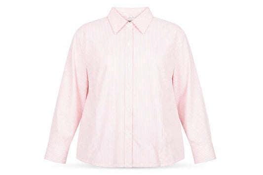 Front view of Boteli women’s pink striped basic button-up, size 2XL