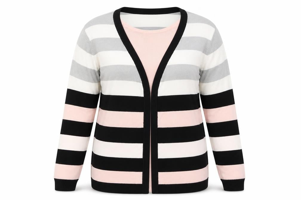 Front view of Julipa women’s pink striped jumper, size UK 18