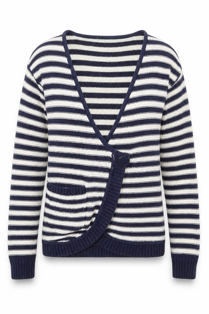 Front view of Divided women’s blue striped cardigan jumper, size UK 12