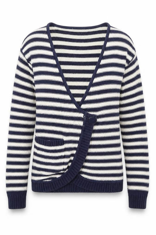 Front view of Divided women’s blue striped cardigan jumper, size UK 12