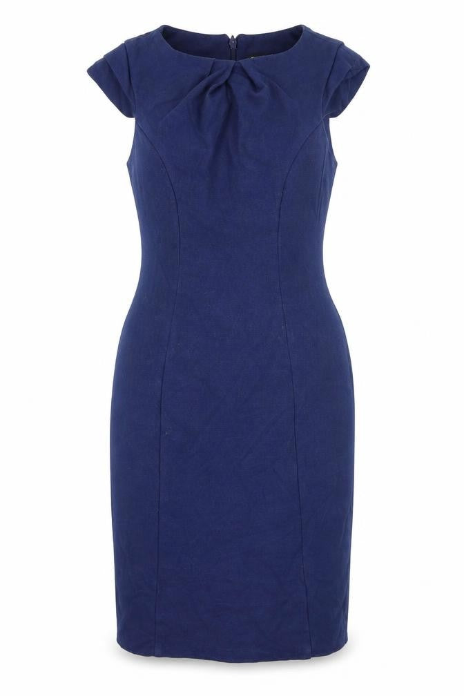 Front view of Warehouse women’s blue bodycon, size UK 12