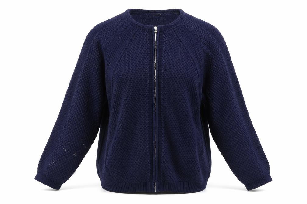 Front view of Marks & Spencer women’s blue full zip jumper, size UK 10