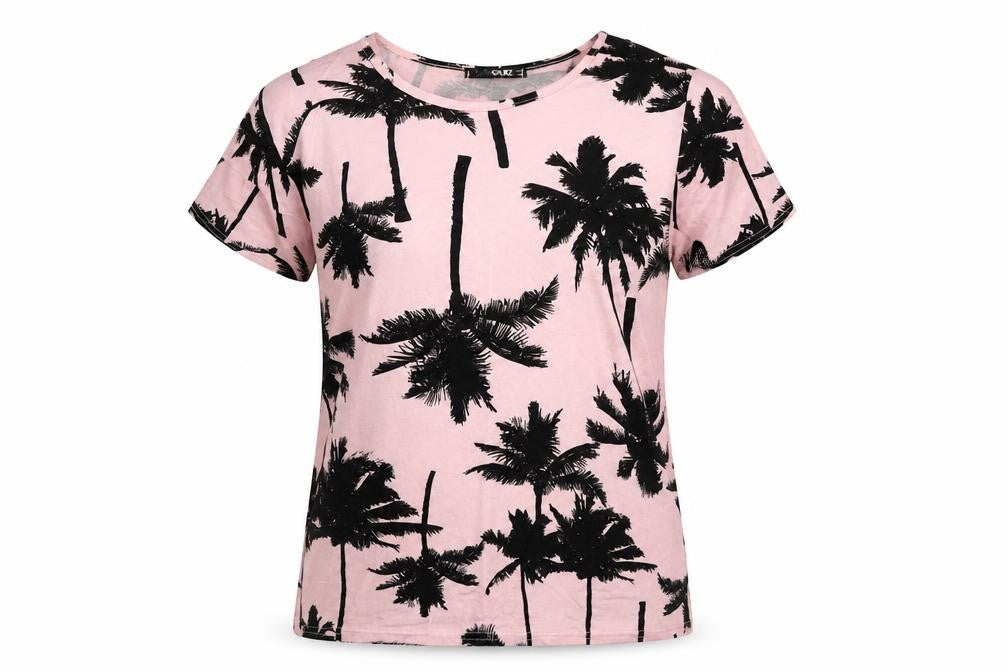Front view of Quiz women’s pink floral basic t-shirt, size UK 8