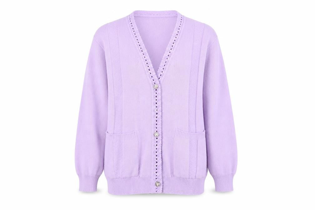 Front view of SH Collection women’s purple cardigan jumper, size M