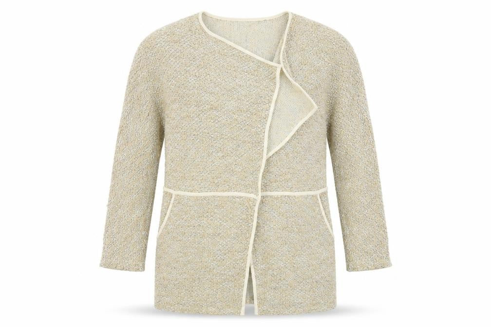 Front view of River Island women’s beige cardigan jumper, size UK 10