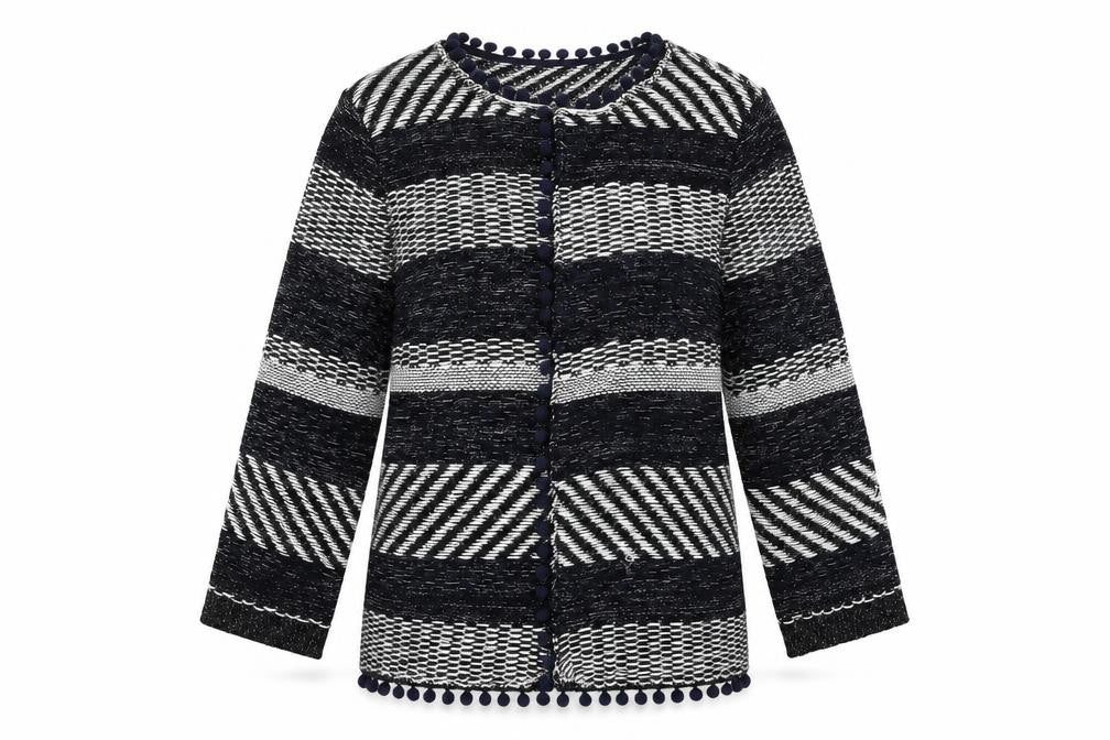 Front view of tegether women’s black geometric cardigan jumper, size UK 14