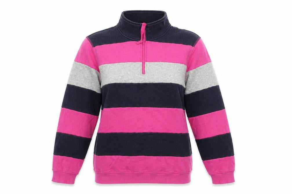 Front view of Cotton Traders women’s pink striped henley jumper, size UK 6