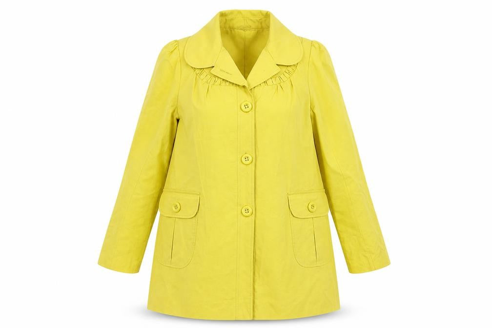 Front view of Misbehave women’s yellow overcoat coat, size UK 12