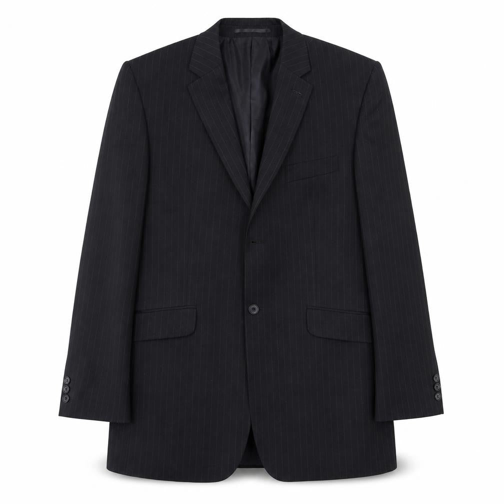 Front view of Burton men’s black striped jacket suit jacket, size L