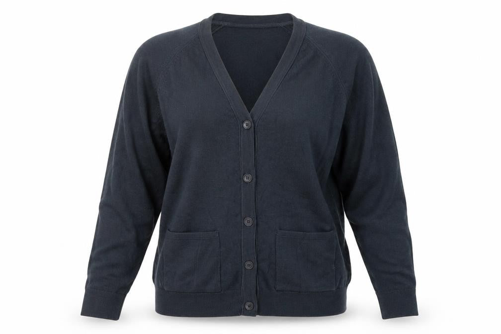 Front view of berktertex women’s blue cardigan jumper, size L