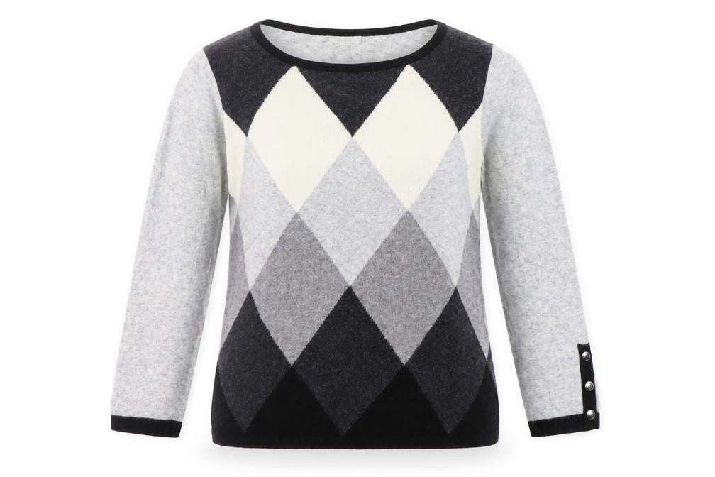 Front view of county casual women’s grey geometric jumper, size M