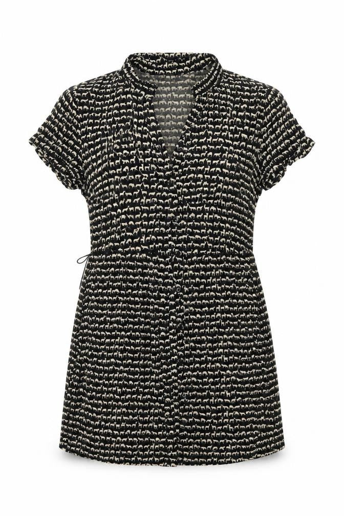 Front view of H&M women’s black tunic button-up, size UK 8