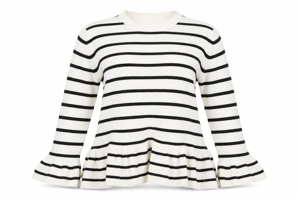 Front view of Per Una women’s white striped jumper, size UK 14