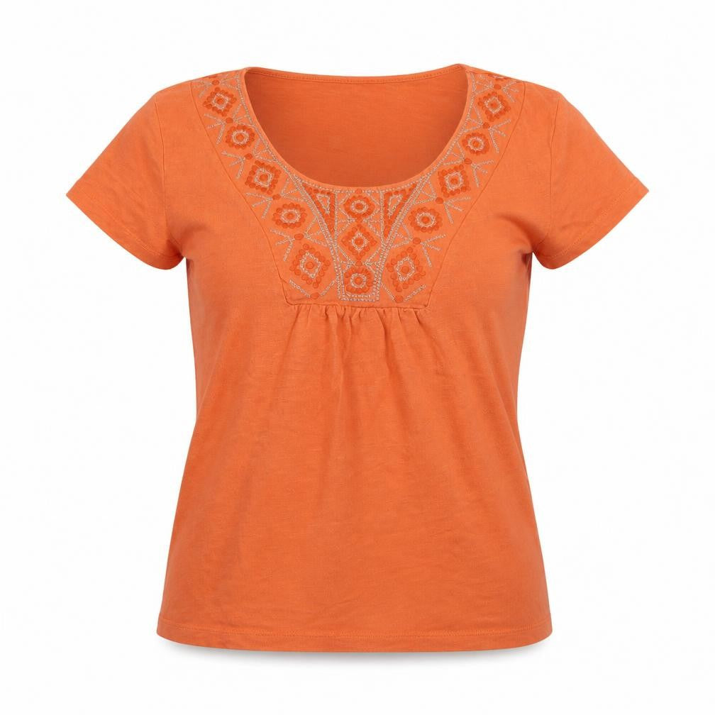 Front view of St johns bay women’s pink geometric basic t-shirt, size S