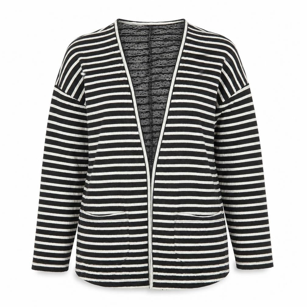 Front view of Next women’s black striped jacket blazer, size UK 12