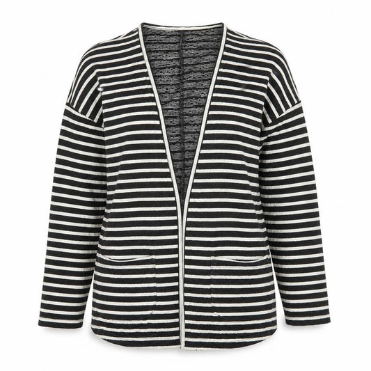 Front view of Next women’s black striped jacket blazer, size UK 12