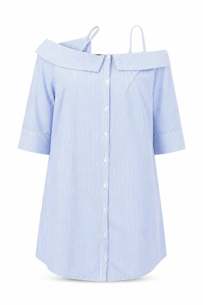 Front view of Primark women’s blue striped basic button-up, size UK 10