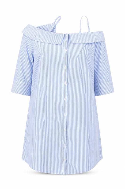 Front view of Primark women’s blue striped basic button-up, size UK 10