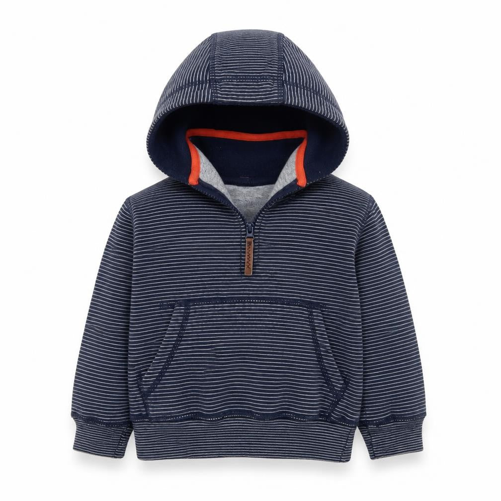 Front view of John Lewis boys’ blue striped pullover hoodie, size 2, years