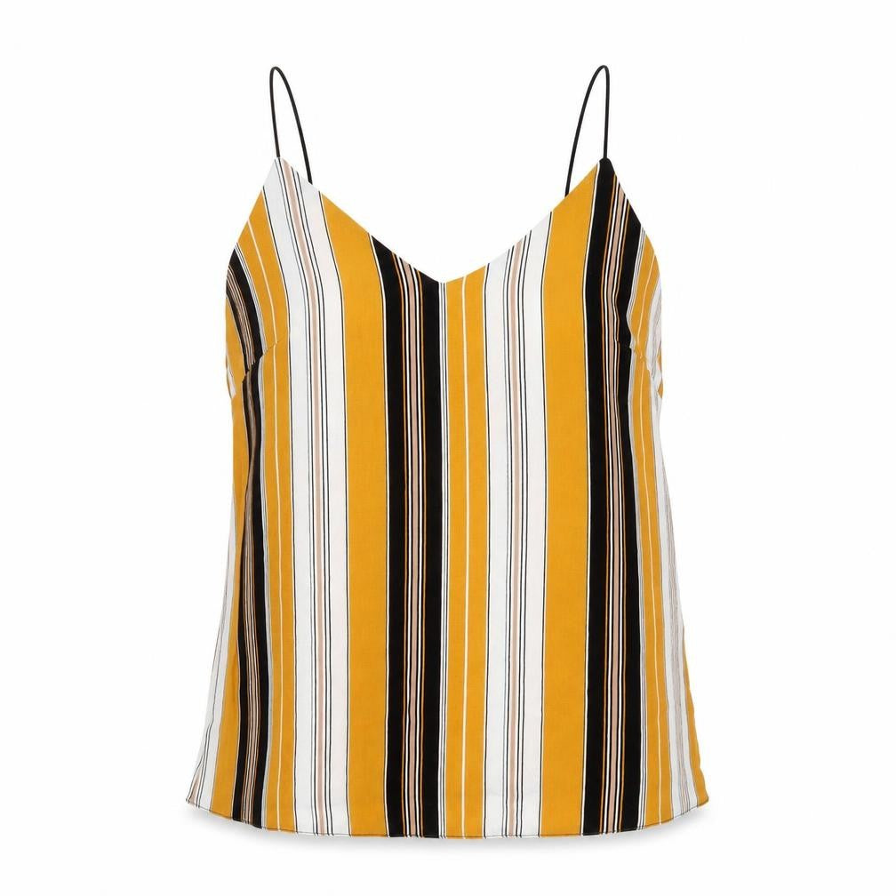 Front view of New Look women’s yellow striped basic tank, size UK 8