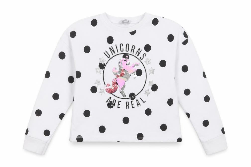 Front view of Primark girls’ white polka dot pullover sweatshirt, size 10, years