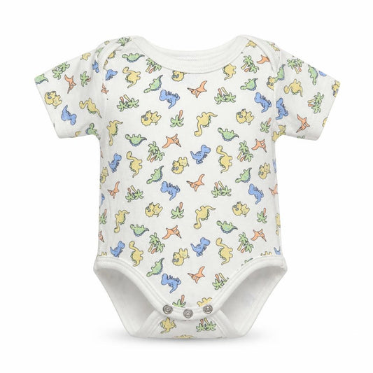 Front view of Bebe Bonito boys’ white animal print romper one-piece, size 0-3, months - dinasour print