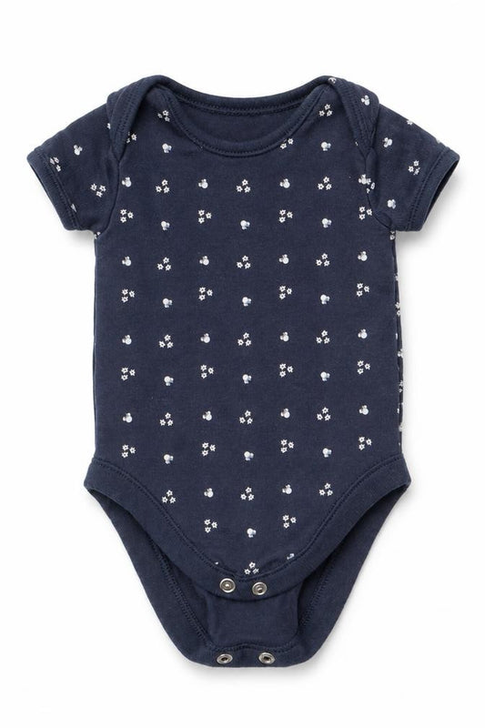 Front view of Disney Baby at George girls’ blue floral romper one-piece, size 0-3, months
